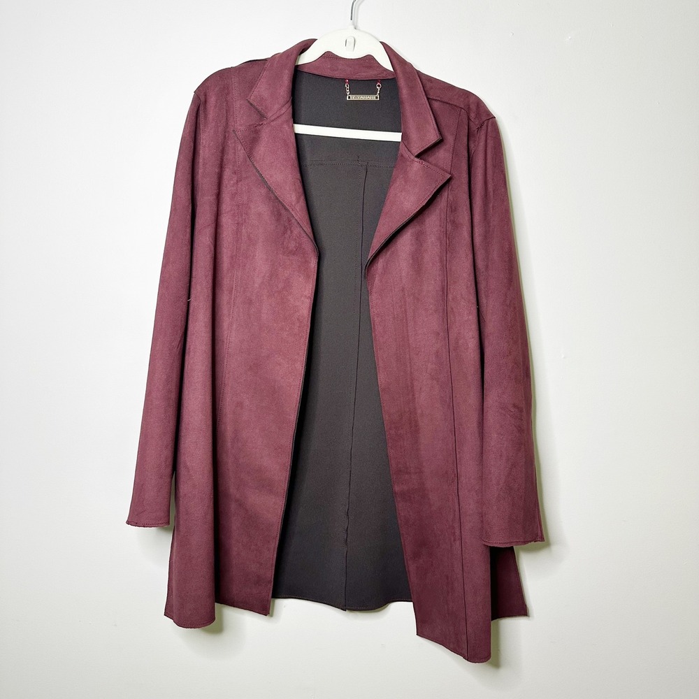 T Tahari Faux Suede Open Front Jacket Womens XL Burgundy Excellent Notched Lapel